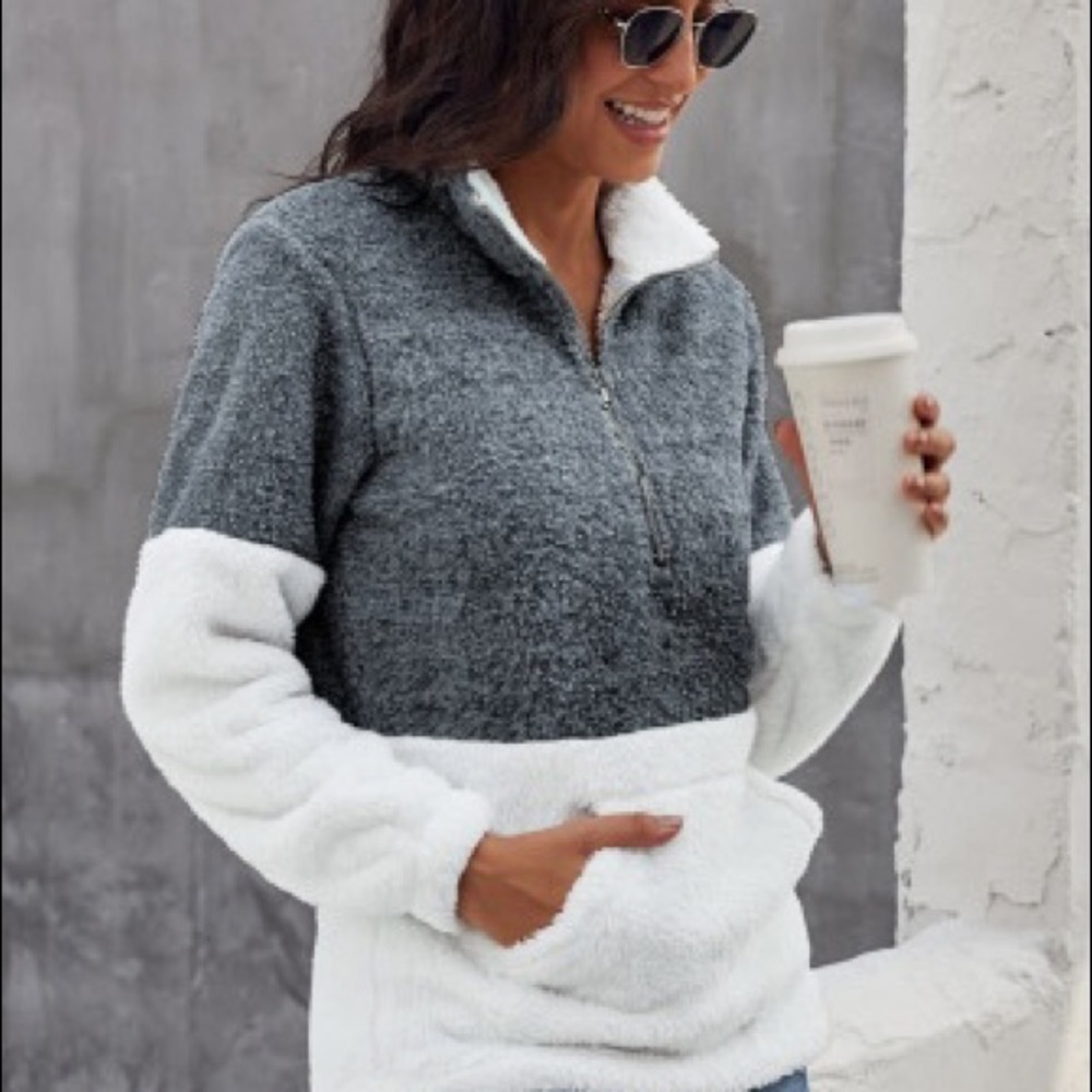 Charcoal White Zip Neck  Fluffy Fleece Pullover